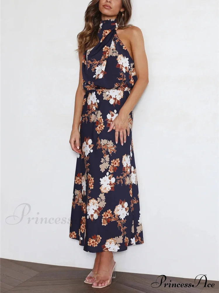 Floral Halter Neck Charming Elastic Waist Maxi Dress image 14