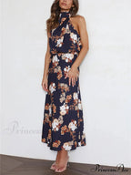Floral Halter Neck Charming Elastic Waist Maxi Dress image 14