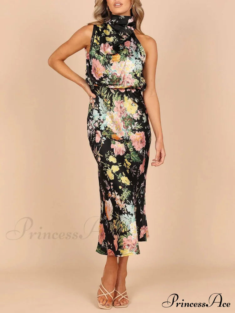 Floral Halter Neck Charming Elastic Waist Maxi Dress image 10