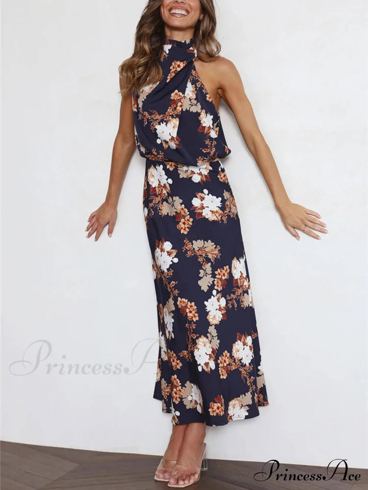 Floral Halter Neck Charming Elastic Waist Maxi Dress image 12
