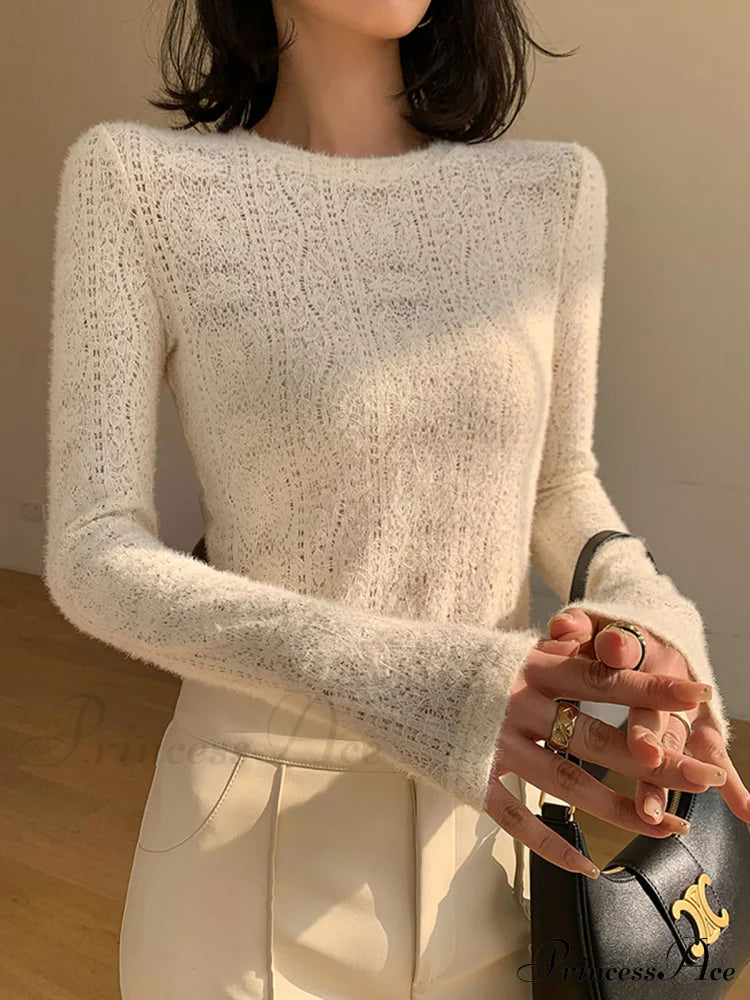Floral Hollow Knit Crew Modern Neck Long Sleeve Top image 1