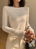 Floral Hollow Knit Crew Modern Neck Long Sleeve Top image 1
