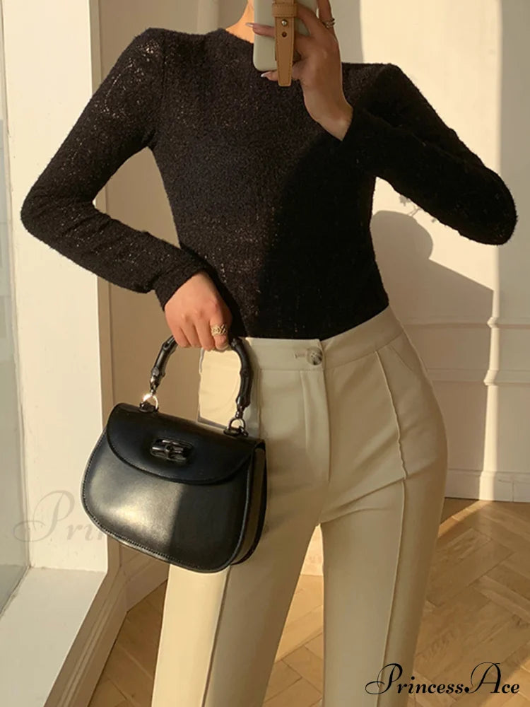 Floral Hollow Knit Crew Modern Neck Long Sleeve Top image 7