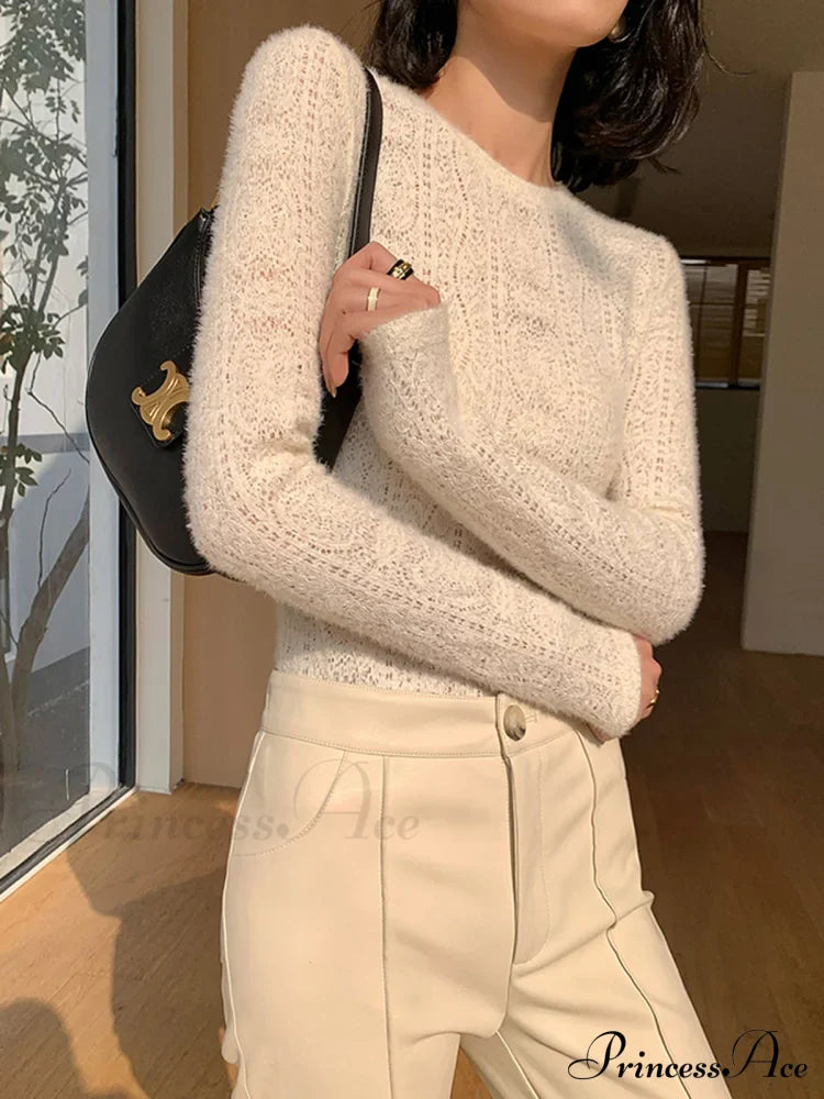 Floral Hollow Knit Crew Modern Neck Long Sleeve Top image 2