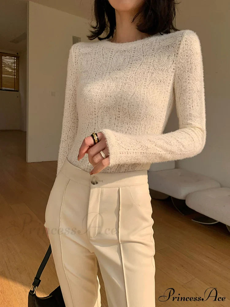 Floral Hollow Knit Crew Modern Neck Long Sleeve Top image 6