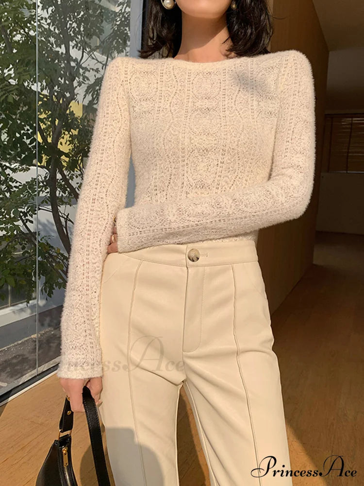 Floral Hollow Knit Crew Modern Neck Long Sleeve Top image 4