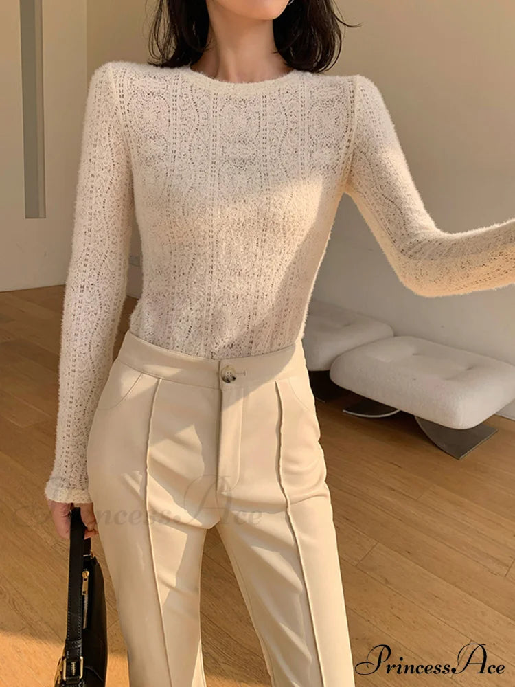 Floral Hollow Knit Crew Modern Neck Long Sleeve Top image 3