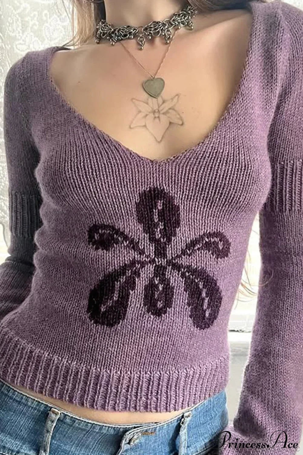 Floral Jacquard V-Neck Long-Sleeve Knit Top image 1