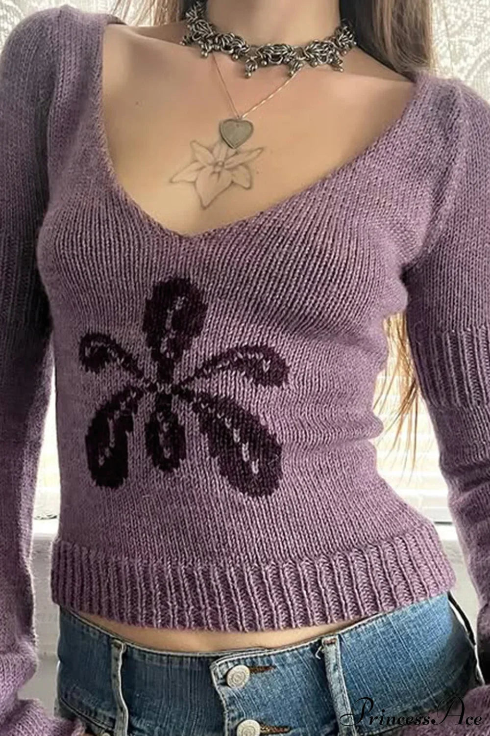 Floral Jacquard V-Neck Long-Sleeve Knit Top image 3