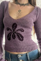 Floral Jacquard V-Neck Long-Sleeve Knit Top image 3