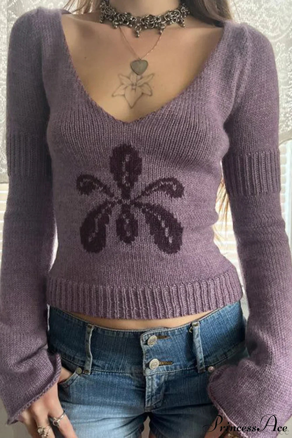 Floral Jacquard V-Neck Long-Sleeve Knit Top image 2