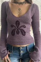 Floral Jacquard V-Neck Long-Sleeve Knit Top image 2