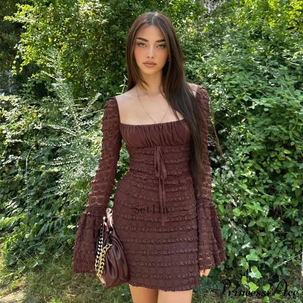 Floral Lace Club Party Rich Brown Flare Sleeve Mini Dress image 1