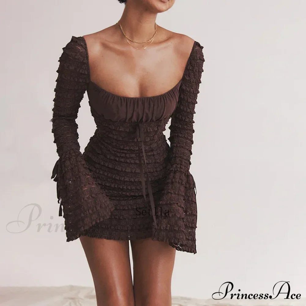 Floral Lace Club Party Rich Brown Flare Sleeve Mini Dress image 2
