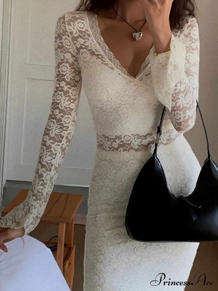 Floral Lace Long Trendy Sleeve Plunge Midi Dress image 2