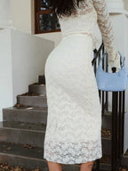 Floral Lace Long Trendy Sleeve Plunge Midi Dress image 4