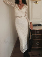 Floral Lace Long Trendy Sleeve Plunge Midi Dress image 3