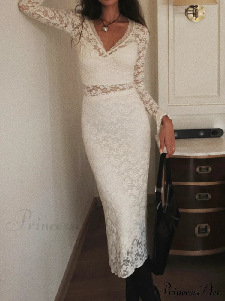 Floral Lace Long Trendy Sleeve Plunge Midi Dress image 3