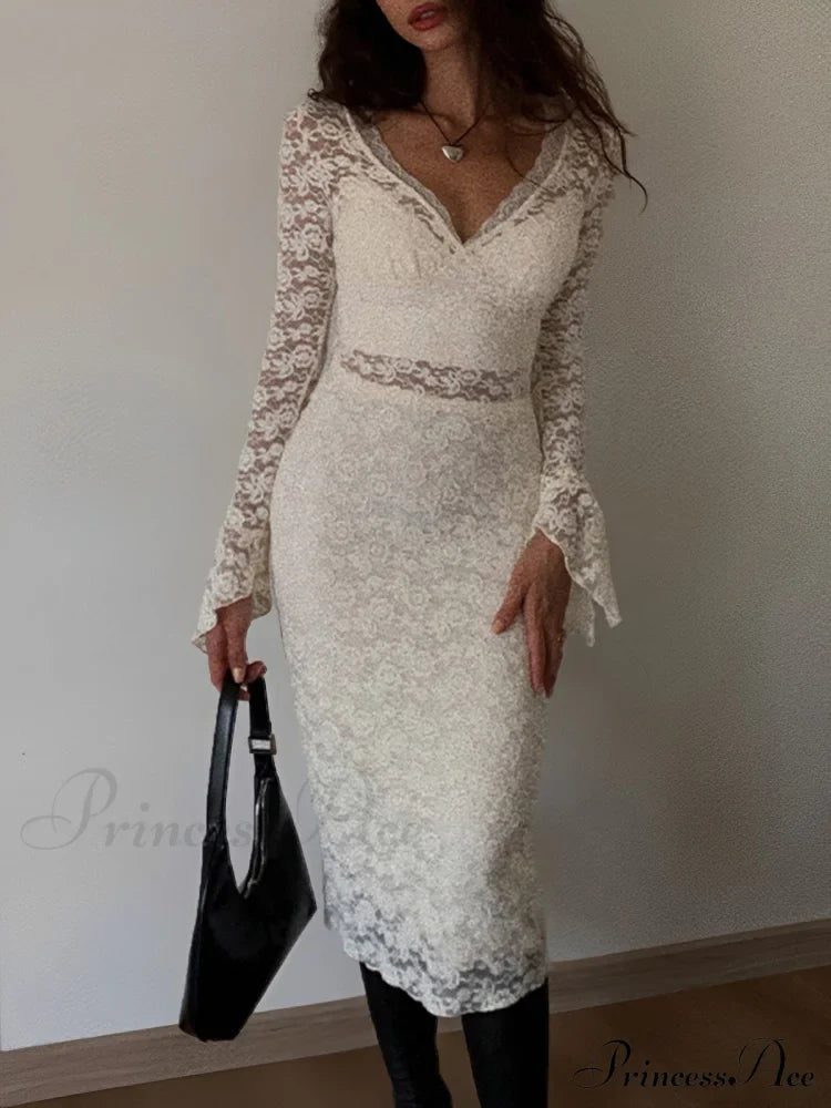 Floral Lace Long Trendy Sleeve Plunge Midi Dress image 1