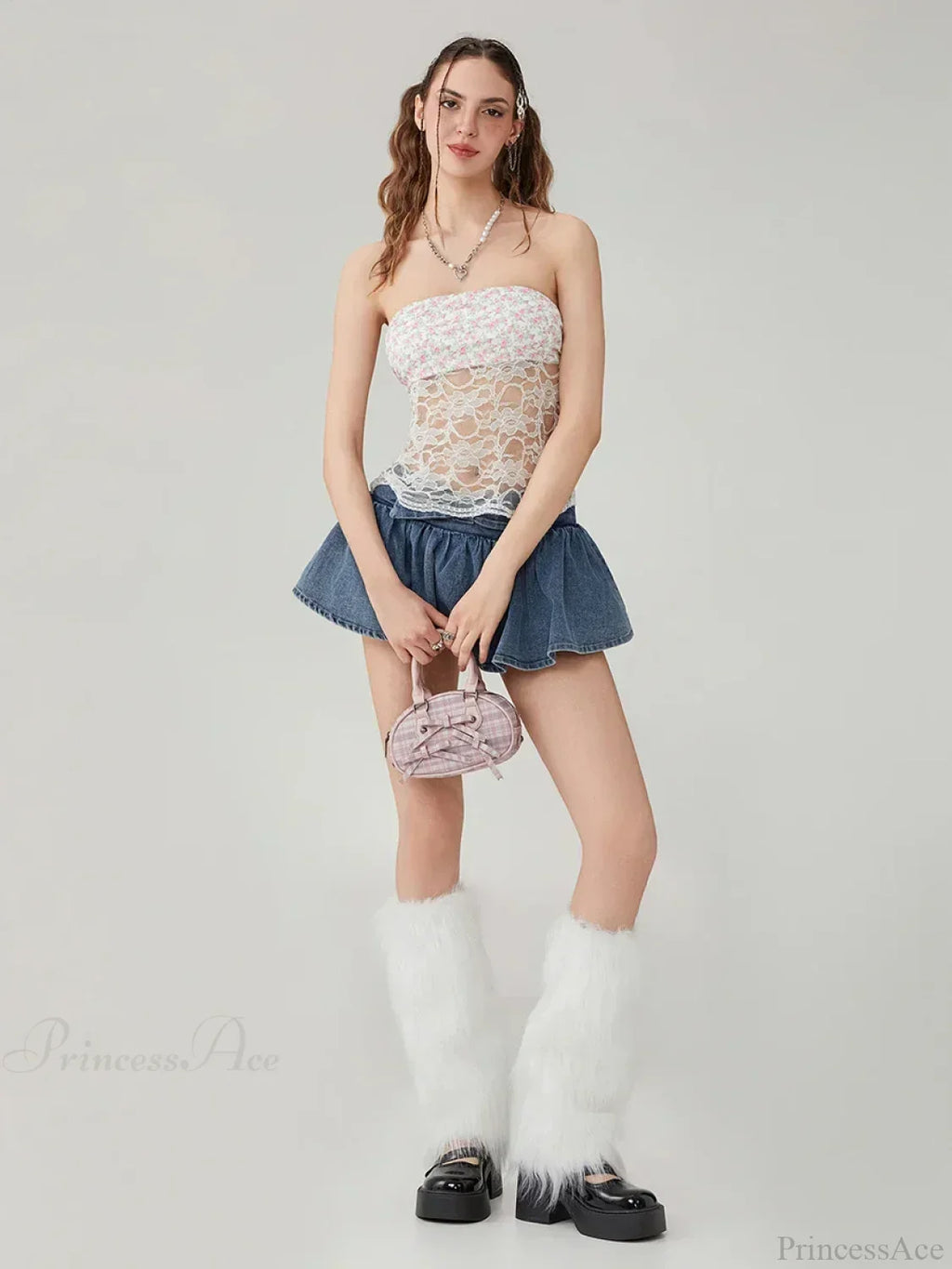 Floral Lace Mesh Sheer Strapless Backless Tie-up Tube Top image 3