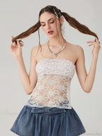 Floral Lace Mesh Sheer Strapless Backless Tie-up Tube Top image 2