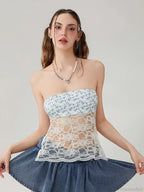 Floral Lace Mesh Sheer Strapless Backless Tie-up Tube Top image 1