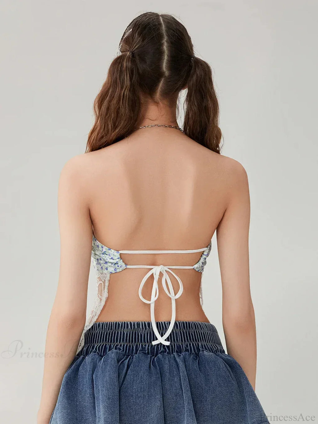 Floral Lace Mesh Sheer Strapless Backless Tie-up Tube Top image 6