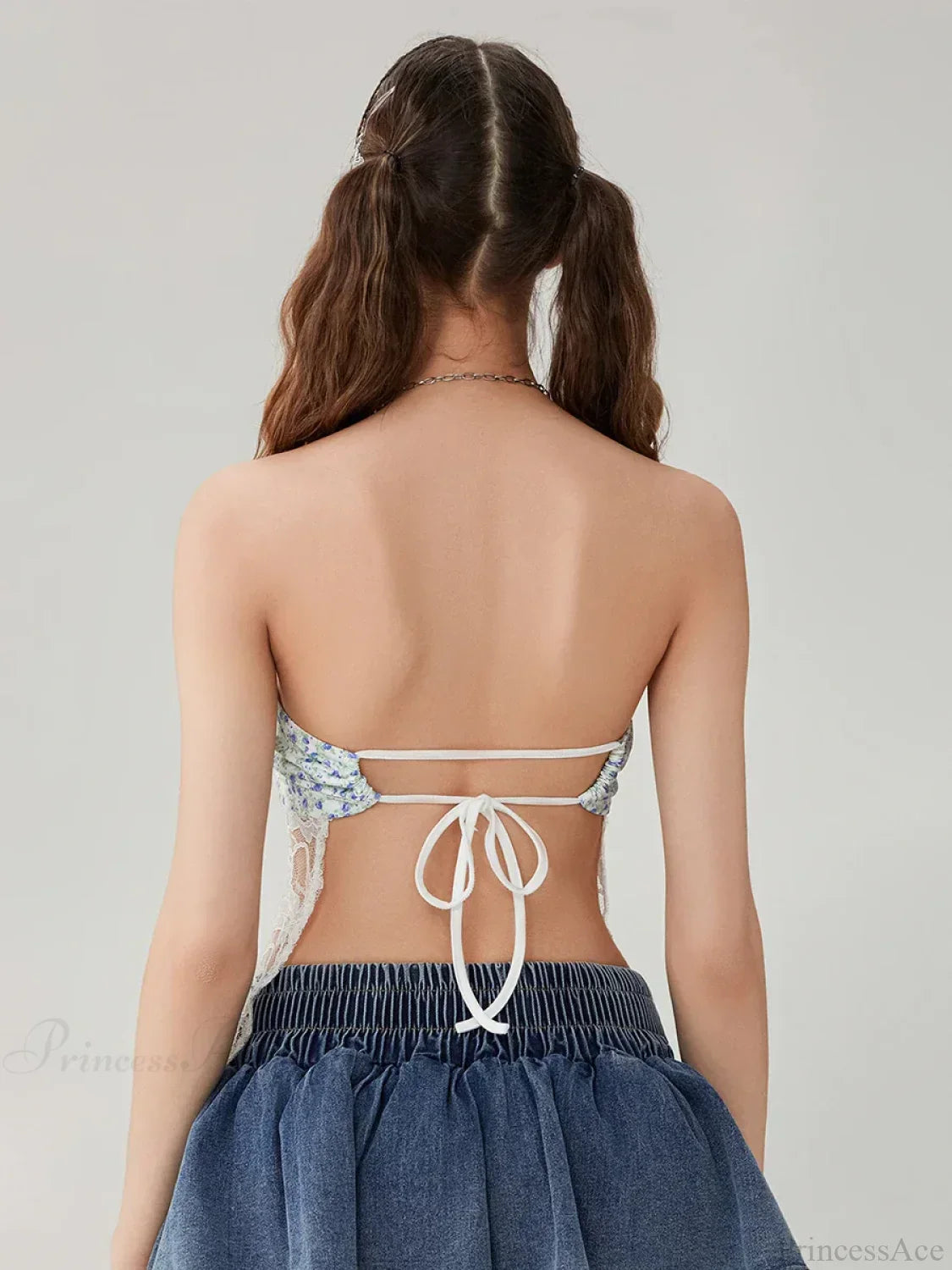 Floral Lace Mesh Sheer Strapless Backless Tie-up Tube Top image 6