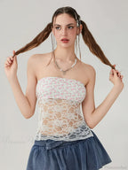 Floral Lace Mesh Sheer Strapless Backless Tie-up Tube Top image 7