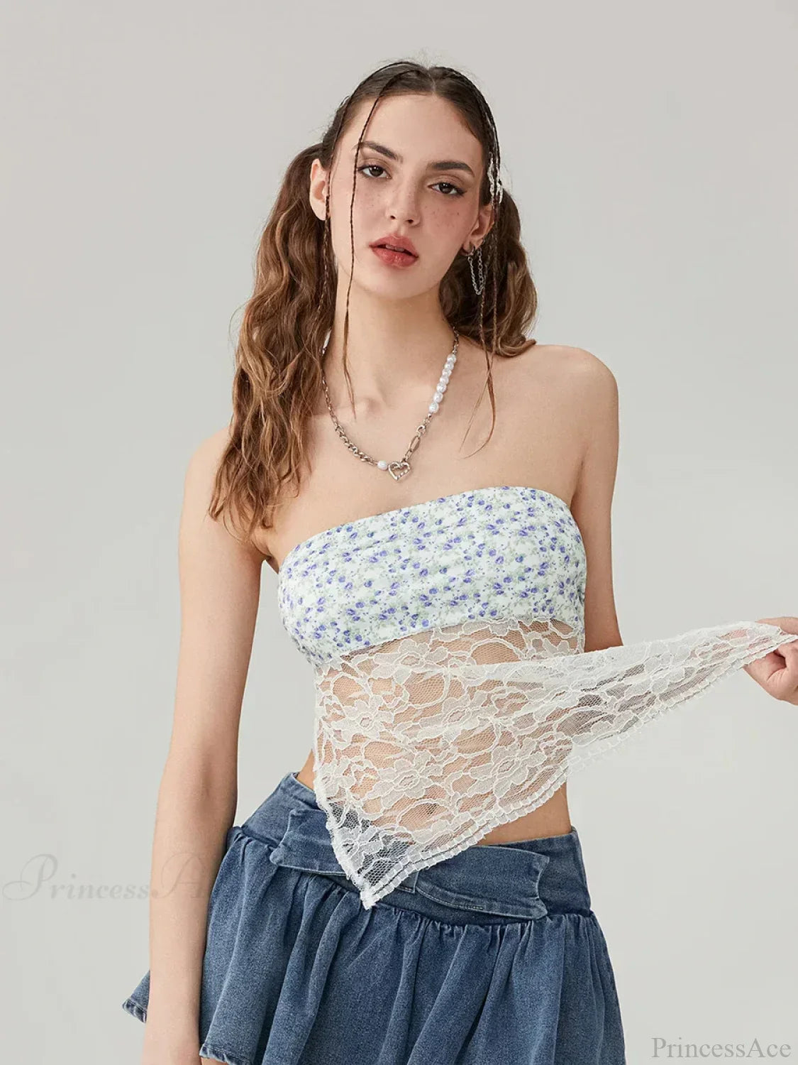 Floral Lace Mesh Sheer Strapless Backless Tie-up Tube Top image 5