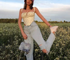 Floral Lace Ruched Tie Low Cut Slim Fit Backless Bustier image 4