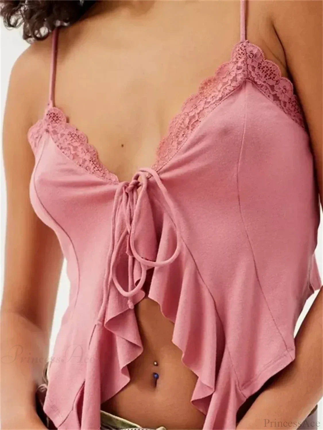 Floral Lace Trim Ruffle Split Strap Crop Top image 3