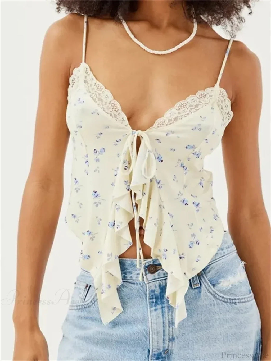 Floral Lace Trim Ruffle Split Strap Crop Top image 2