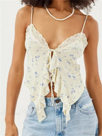 Floral Lace Trim Ruffle Split Strap Crop Top image 2