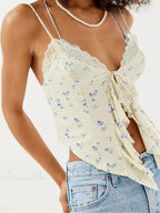 Floral Lace Trim Ruffle Split Strap Crop Top image 8