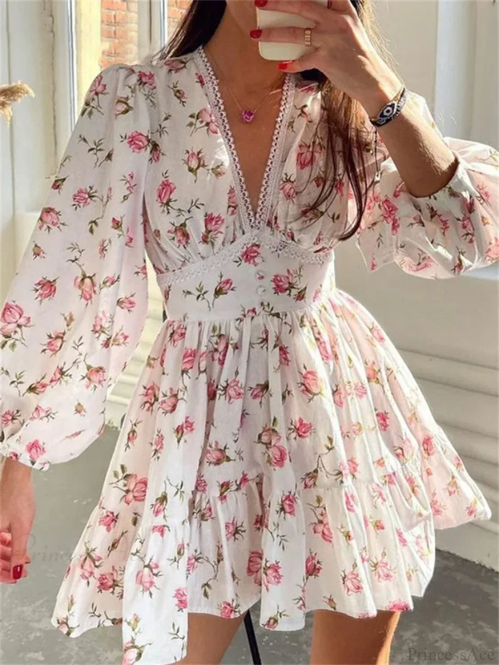 Floral Lantern-Sleeve Mini Dress image 2