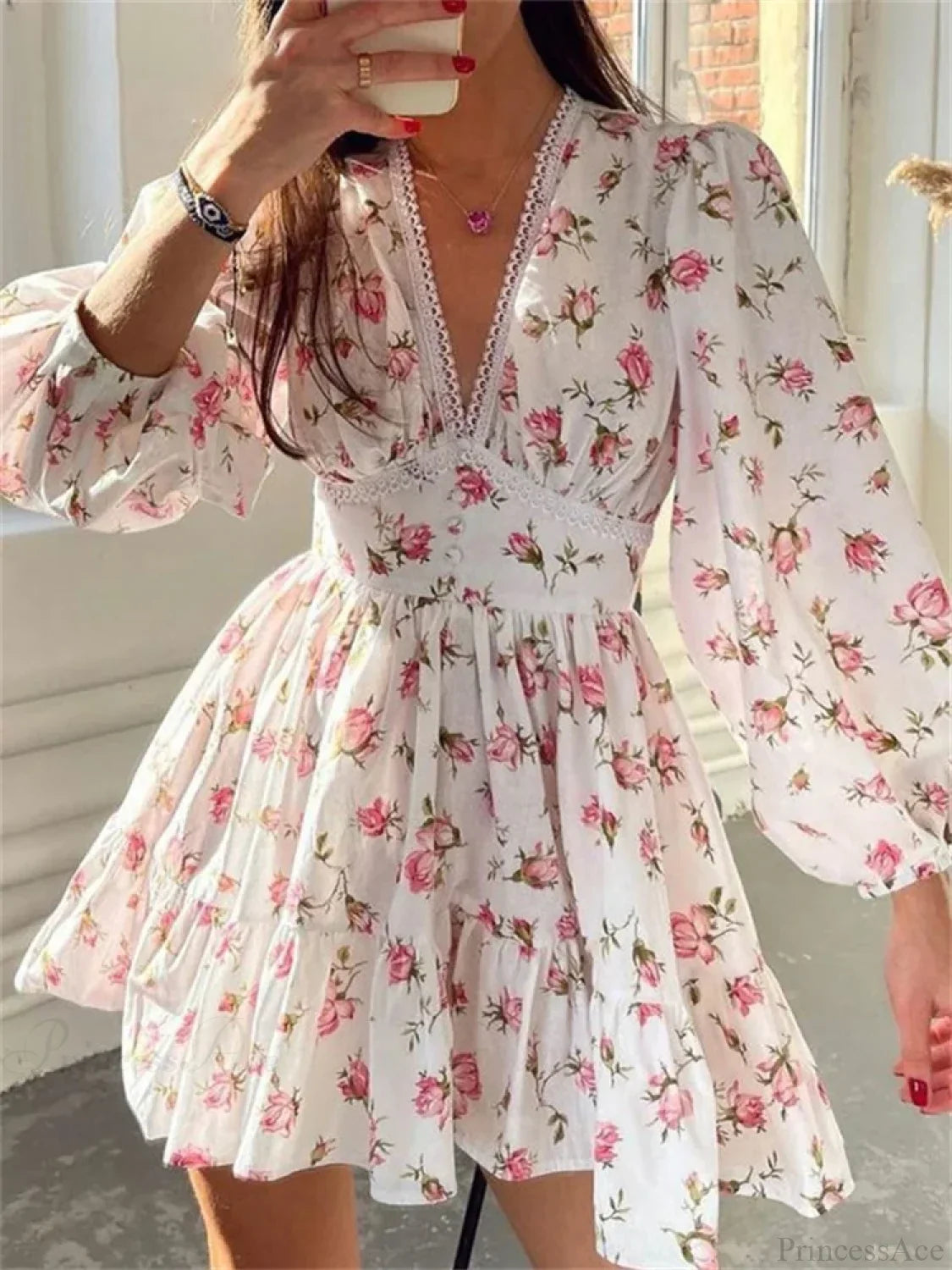 Floral Lantern-Sleeve Mini Dress image 1