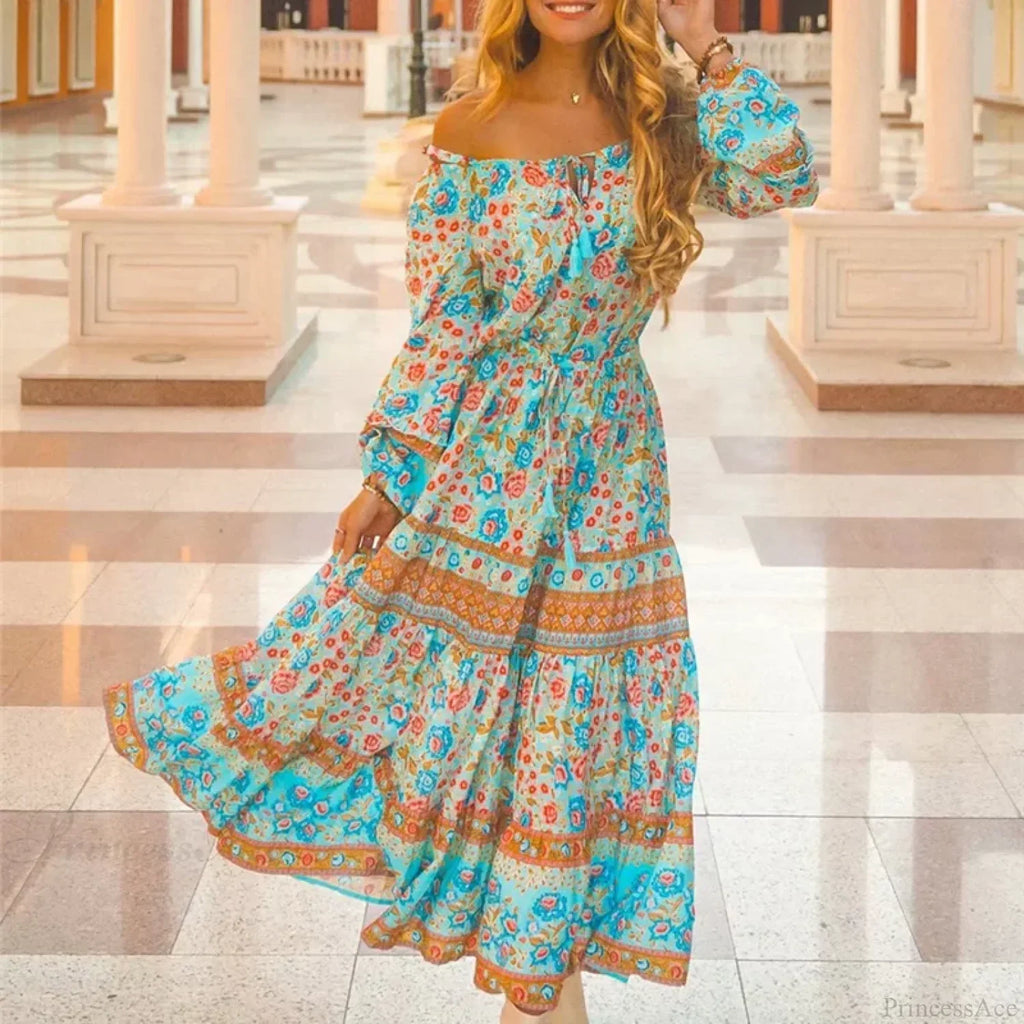 Floral Long Sleeve Belt Tassel Off Shoulder Boho Dress image 1
