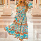 Floral Long Sleeve Belt Tassel Off Shoulder Boho Dress image 1