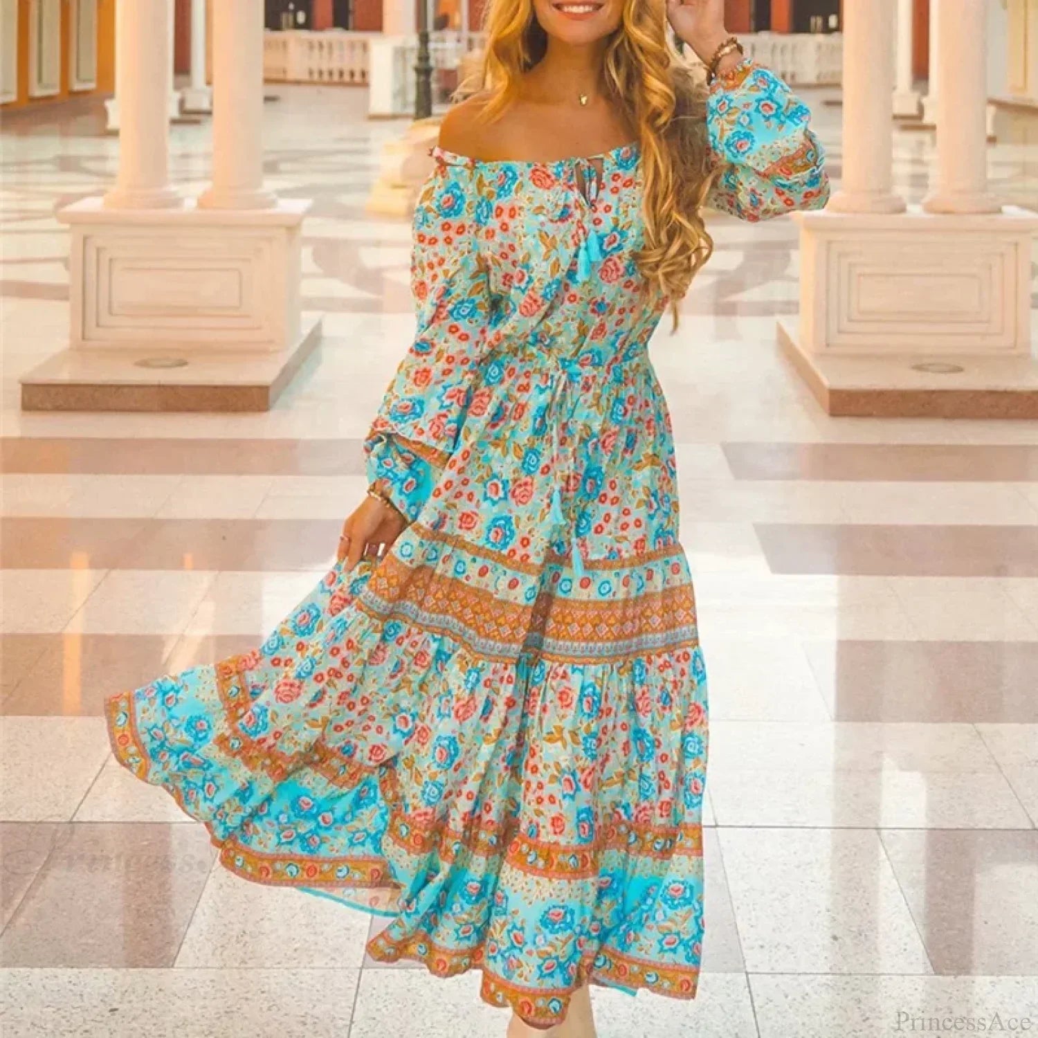 Floral Long Sleeve Belt Tassel Off Shoulder Boho Dress image 1