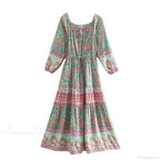 Floral Long Sleeve Belt Tassel Off Shoulder Boho Dress image 2