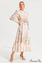 Floral Long Sleeve Charming Maxi Dress With Belt image 3