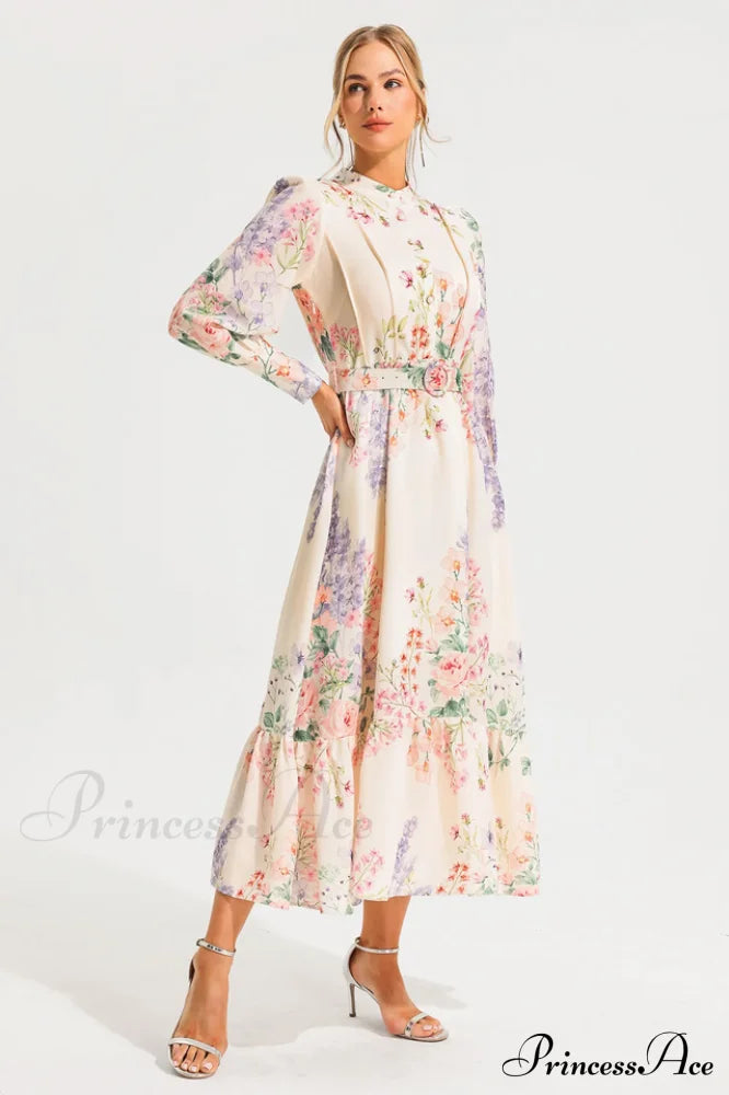 Floral Long Sleeve Charming Maxi Dress With Belt image 3