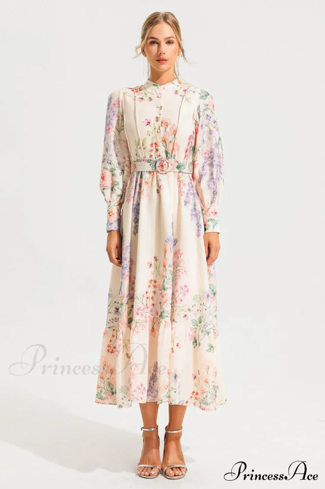 Floral Long Sleeve Charming Maxi Dress With Belt image 4