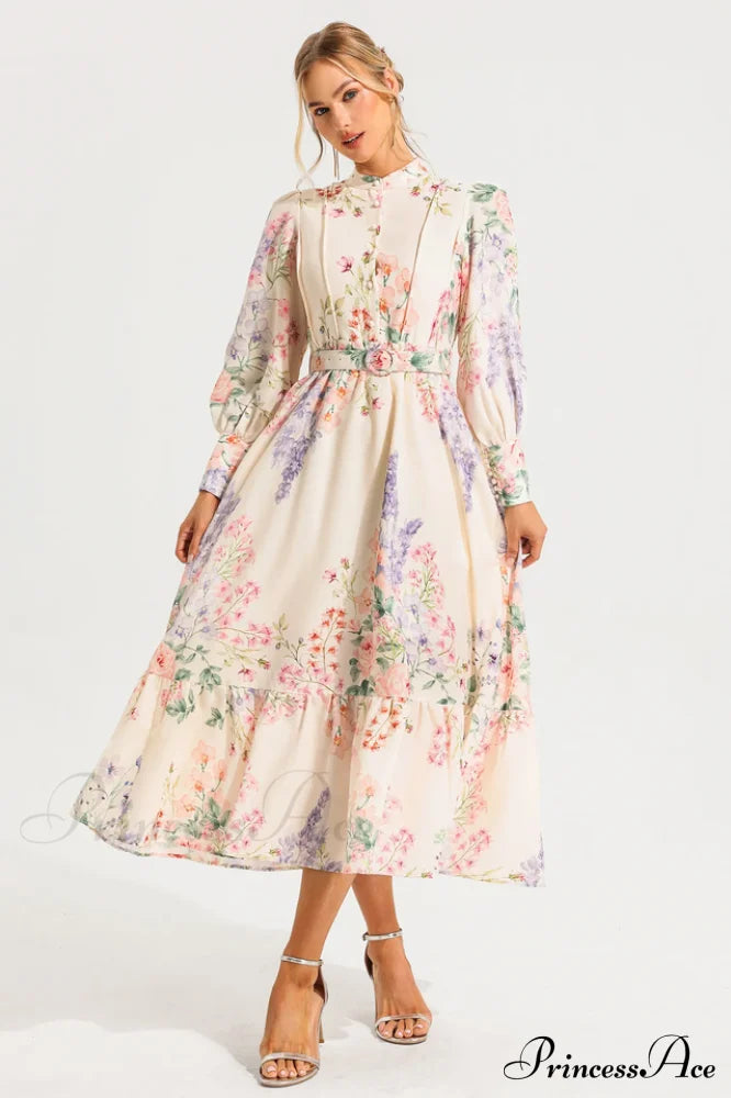 Floral Long Sleeve Charming Maxi Dress With Belt image 1