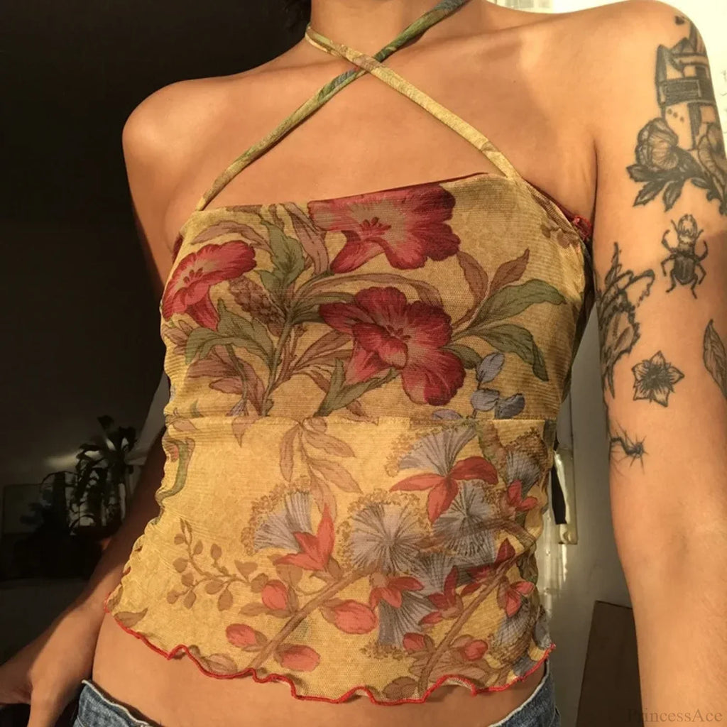 Floral Mesh Sheer Backless Halter Y2K Crop Top image 1