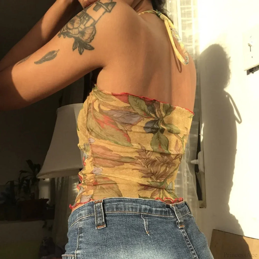 Floral Mesh Sheer Backless Halter Y2K Crop Top image 3