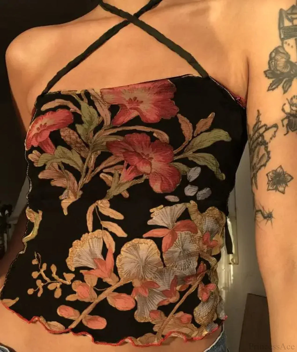 Floral Mesh Sheer Backless Halter Y2K Crop Top image 4
