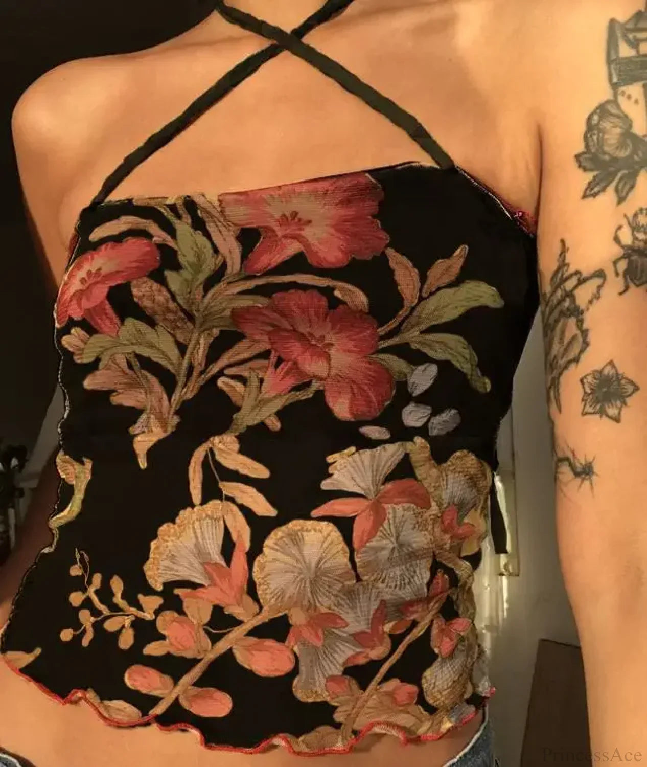 Floral Mesh Sheer Backless Halter Y2K Crop Top image 4