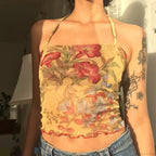 Floral Mesh Sheer Backless Halter Y2K Crop Top image 2